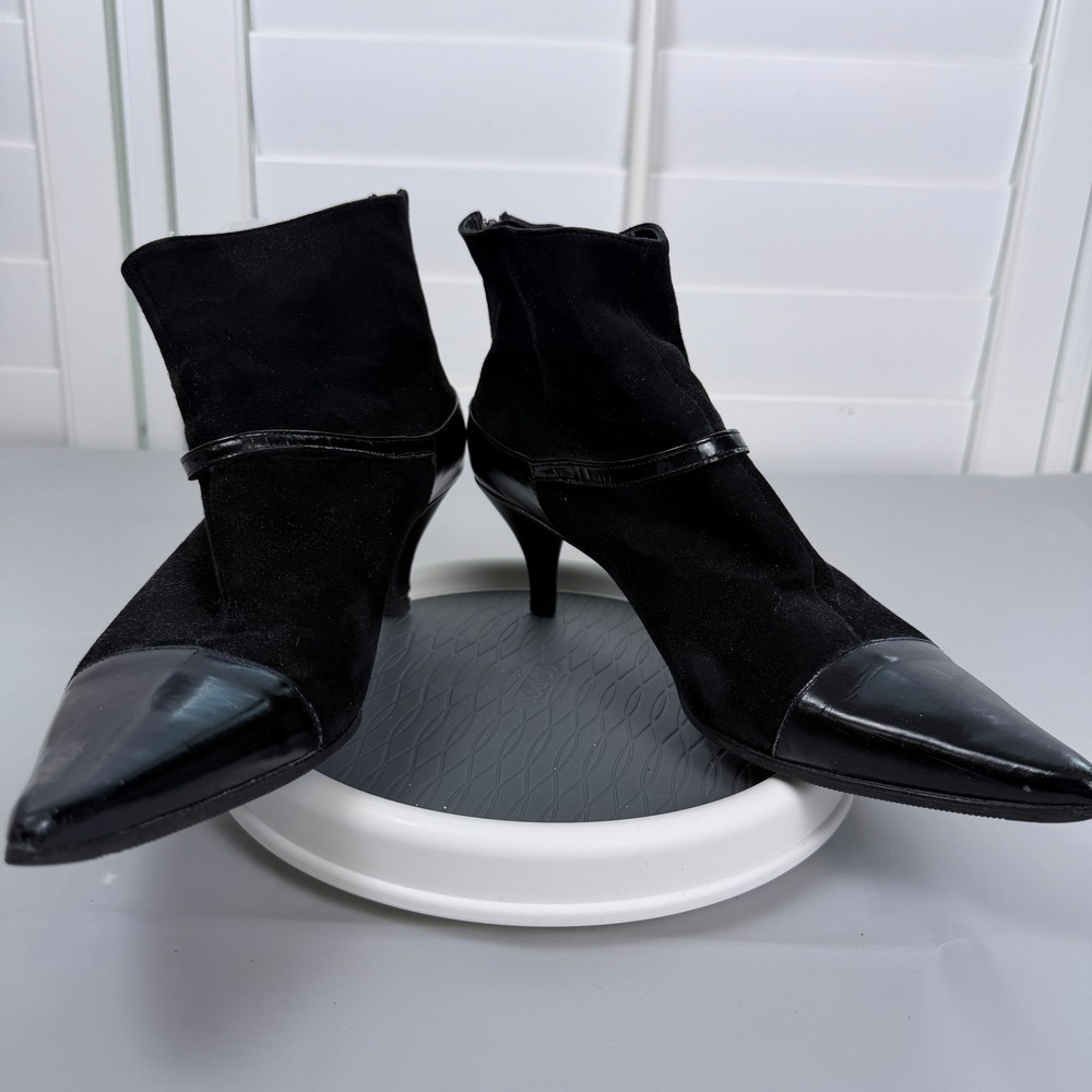 Magna Hand Made Black Suede Patent Leather Pointed Toe Kitten Heel Boots 8.5